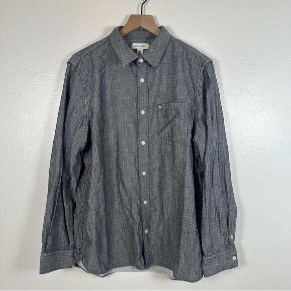 Calvin Klein Mens 100% Cotton Button-Up Long Sleeve Grey Career Shirt Large - Picture 1 of 5